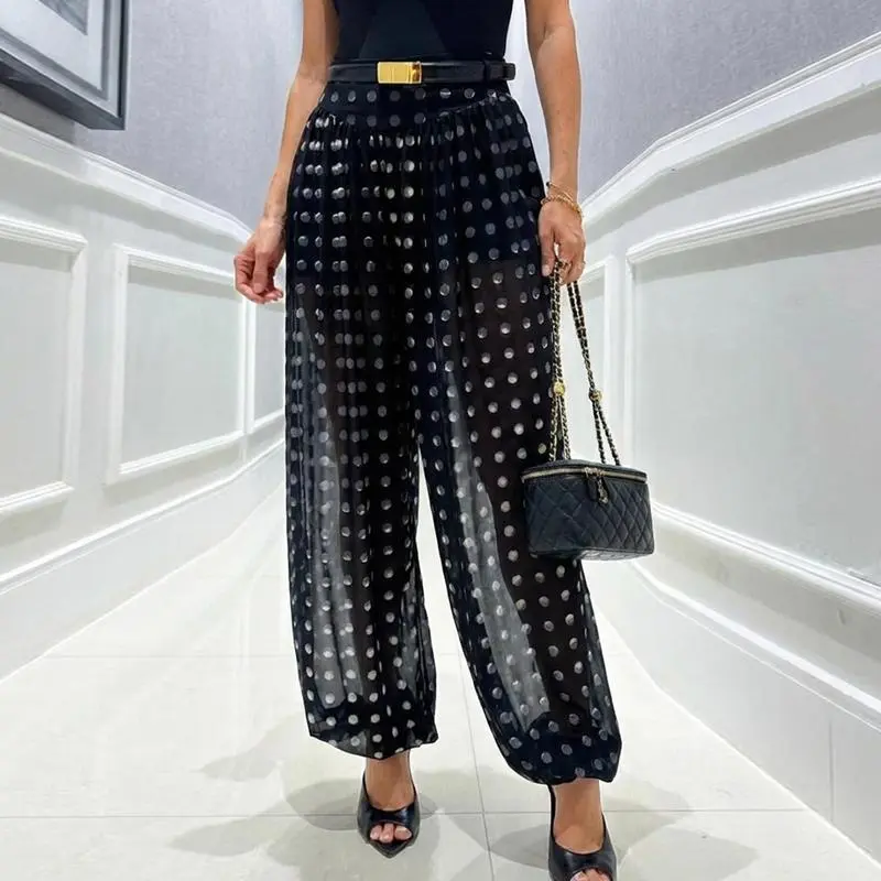 CHICME Women's Vintage Polka Dot Sheer Chiffon Pants, High Waisted Lantern Cut for Beach Vacation, Pairs with Bodysuit or Crop Top, Lightweight, Print, Comfortable, Casual, Day, Everyday, Fabric, Baggy