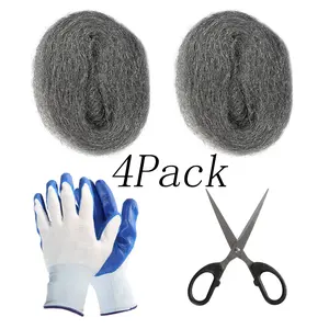 4 Pack Steel Wool for Mice Control,3.2" x10.5 ft Gap Filler with Gloves and Scissors DIY Bundle, Heavy-Duty Rodent Prevention for Home and Garage, Essential Pest Control Supplies