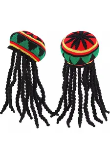 2 Pcs Rasta Hat with Black Dreadlocks Wig Rasta Wig with Dreads, Size 17.3