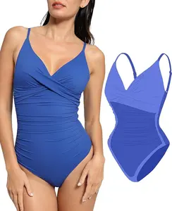Popilush Ruched V-Neck Shapewear One-Piece Swimsuit Tummy Control Slimming Long Torso Bathing Suit--live