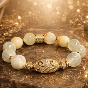 Celestone Jade Natural Stone Bracelet with Gold Accents Rhinestone Beads for Women's Fashion Jewelry Elegant Design
