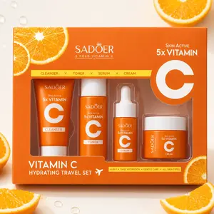 4PCS Vitamin C Skincare Travel Set, Mini Face Care Kit with Cleanser, Toner, Serum & Face Cream, Lightweight Moisturizing Routine for Daily Use, Travel Size Skincare Gift for Women