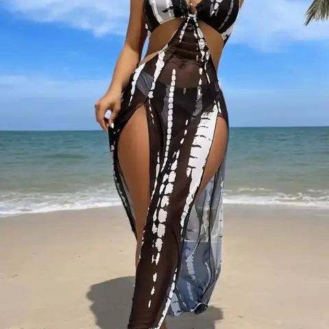 Women's Colorblock Halter Tie Back Bikini Two-Piece Set, Casual Ring Linked Backless Swim Top and High Cut Swim Bottom, Ladies Swimsuit for Beach Vacation, Summer Swimwear, Patchwork Print Bikini