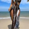 Women's Colorblock Halter Tie Back Bikini Two-Piece Set, Casual Ring Linked Backless Swim Top and High Cut Swim Bottom, Ladies Swimsuit for Beach Vacation, Summer Swimwear, Patchwork Print Bikini