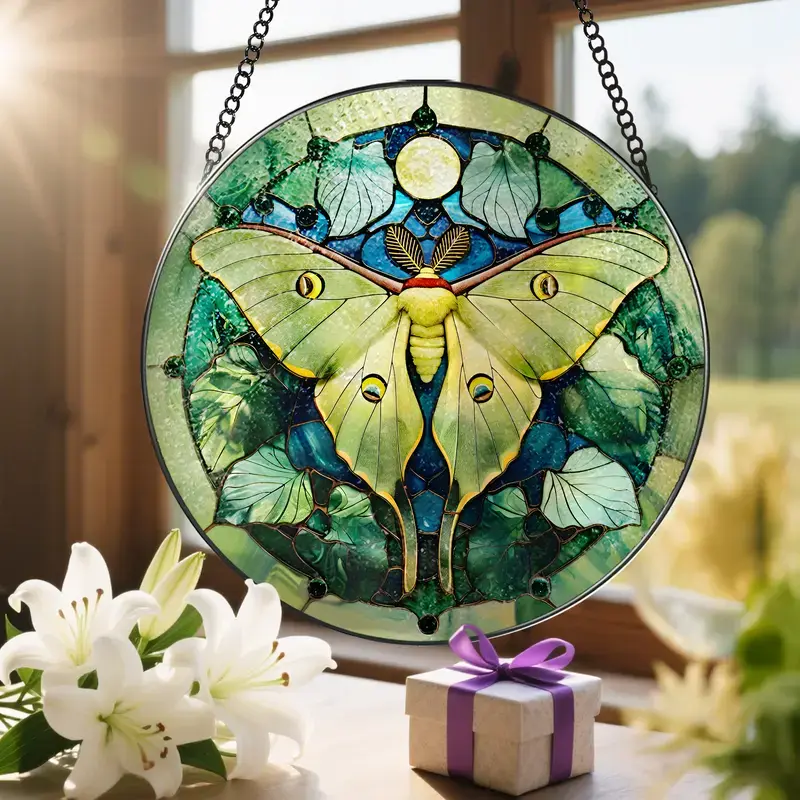 8-Inch Luna Moth Stained Glass Sun Catcher, Hangable Home Decorative Ornament, Interior Decoration Accessories, Ideal Gift for Gift Exchanges