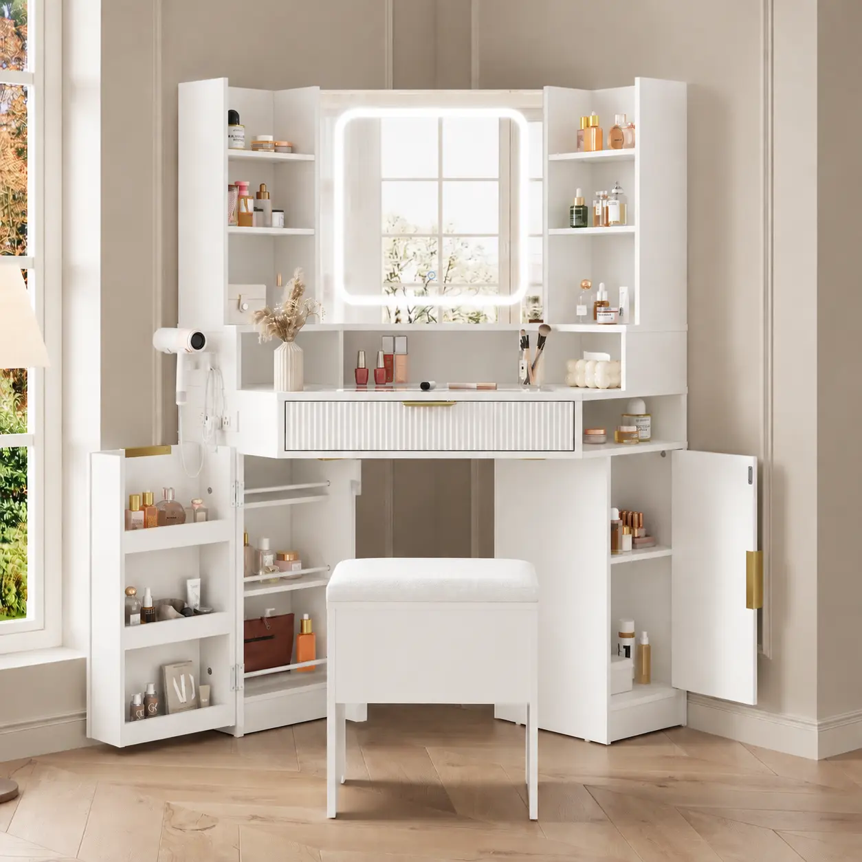 Corner Vanity Desk with Mirror and Lights, Corner Makeup Vanity with Storage Stool & Glass Top & Charging Station & Spacious Drawers - White
