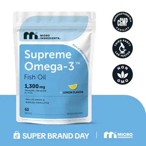Micro Ingredients Supreme Omega-3 Fish Oil w/Ultra High EPA & DHA, Burpless Softgels | rTG Omega-3 with Vitamin D3 | Wild-Caught Cold Deep-Sea Water | Lemon Flavor, Easy to Swallow