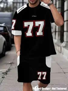 Men's American Sportswear Set, Athleisure Wear Set, Athleisure Summer Clothes, Colorblock Digital Print, Sporty Round Neck, Short Sleeve Shorts, Casual Streetwear, Outdoor Fitness Home Wear, Workout Running Outfits, Casual Athletic Jogging