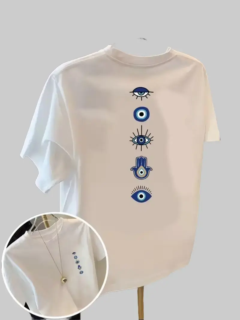 Unisex Evil Eye & Hamsa Hand Double-Sided Oversized T-Shirt - Retro Mystical Aesthetic Tops, Short-Sleeve Everyday Style Men's Shirt for Summer Wear, Shortsleeve, Graphic