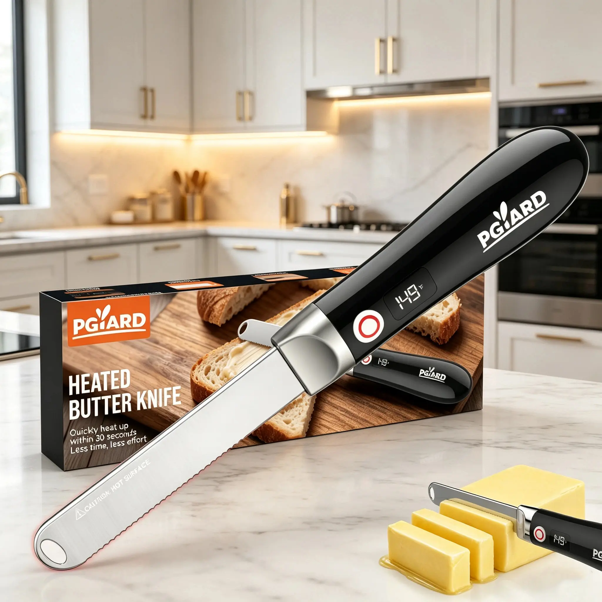 Electric Heated Butter Knife- Easy Spread Cordless Butter Knife Spreader, Heats up in 10s, Rechargeable, LED Display, 113℉/149℉, Non-stick Stainless Steel Knives, Safety Lock, for Hard Butter, Cheese, Cream, Jam homeessentials
