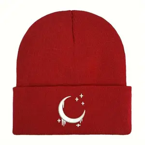 2026 Warm Knitted Gothic Black Beanie with Sweet Romantic Crescent & Stars Embroidery Skull Cap Ideal Gift for Winter and Casual Wear Unisex