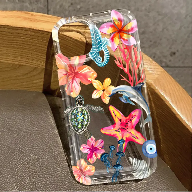 1pc Starfish Dolphin Coral Jellyfish UV Printed Leather Pattern Phone Case Cellphone Casing Accessories, suitable for iPhone 17-11 Pro Pro Max Plus, trendy gift for all occasions