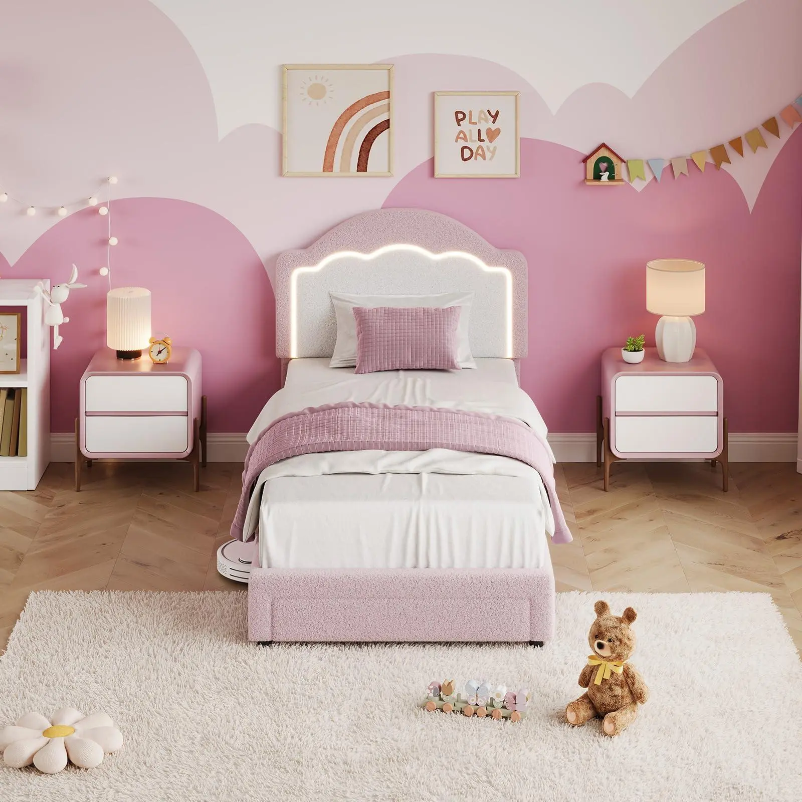 Garvee Twin Size Soft Flannel Fleece Platform Bed Frame - Ice Cream Head with Color-Changing LED Lights, Pink and White Tone, No Underbed Storage Drawer