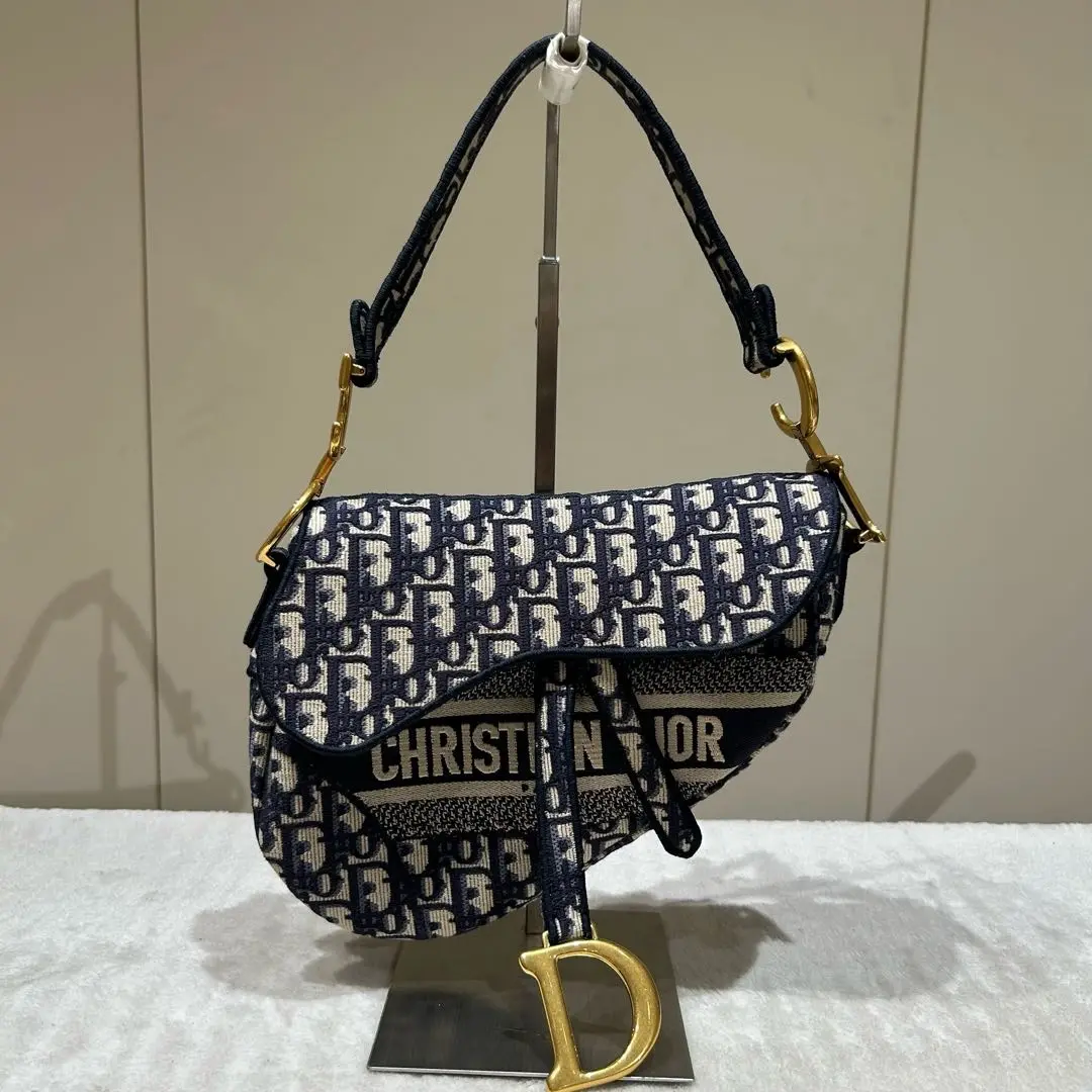 Pre-owned Dior leather Shoulder Bags Medium Saddle Bag in Blue Embroidered Canvas with Oblique Motif 80106221