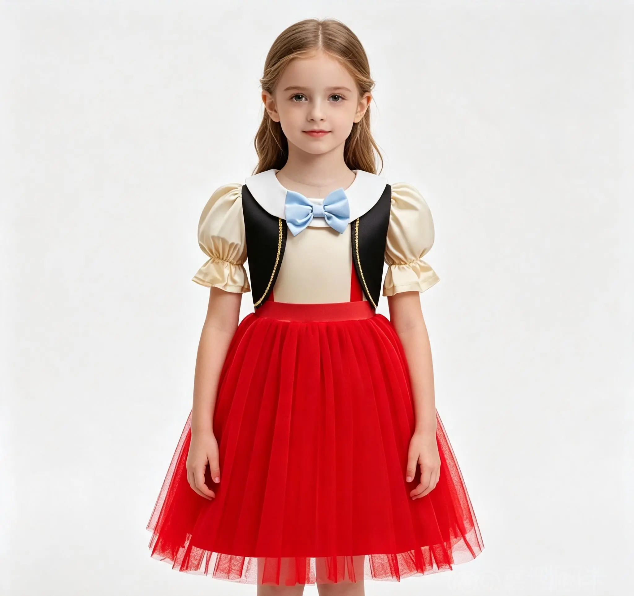 Girls Pinocchio 2 Piece Costume Set, Puff Short Sleeve Vest + Red Tulle Tutu Dress, Kids Cartoon Character Outfit for Stage Performance Birthday Halloween Party Cosplay Gown