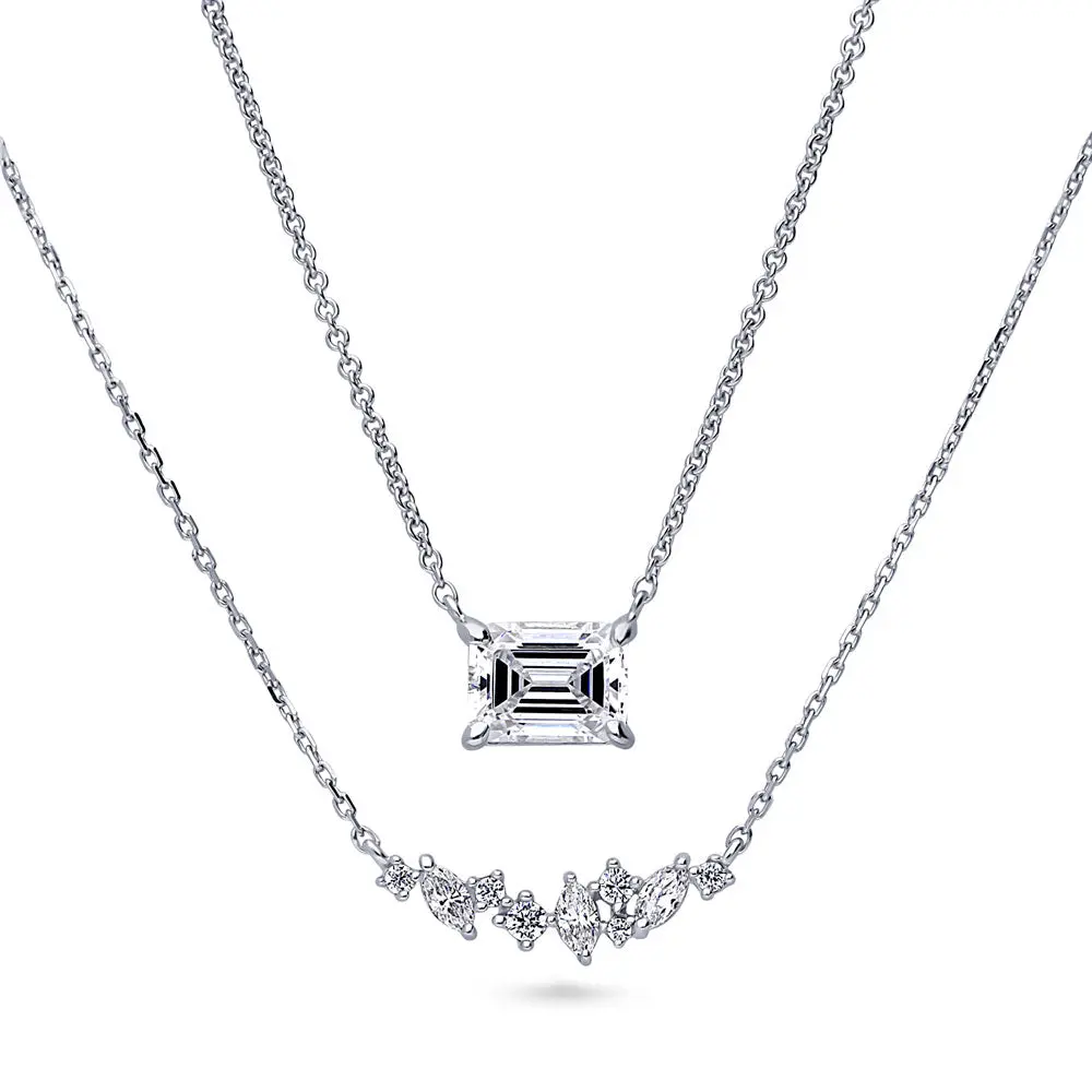 BERRICLE Sterling Silver Solitaire Cluster East-West Bar Layered Pendant Necklace for Women, 0.3 Carat/1.7 Carat Emerald Cut Cubic Zirconia CZ 16 inch, 2-Piece Set