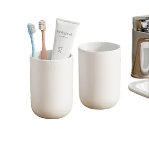 13oz Glossy Durable Reusable Unbreakable Plastic Bathroom Tumbler 2-Pack, Easy-Clean Toothbrush Cup & Holder with Minimalist Lightweight Silicone Pad, for Countertop Organization, Home & Kitchen Use