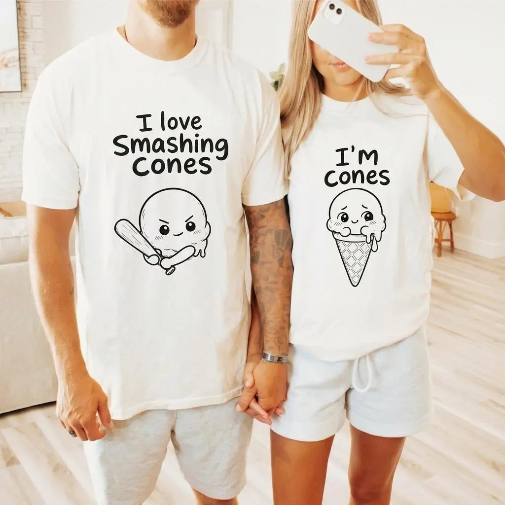 I Love Smashing Cones Im Cones Matching Couple Shirts, Funny Graphic Tee Outfits for Couples, Soft Cotton Unisex Matching T-Shirts Set, Trendy Streetwear Outfit