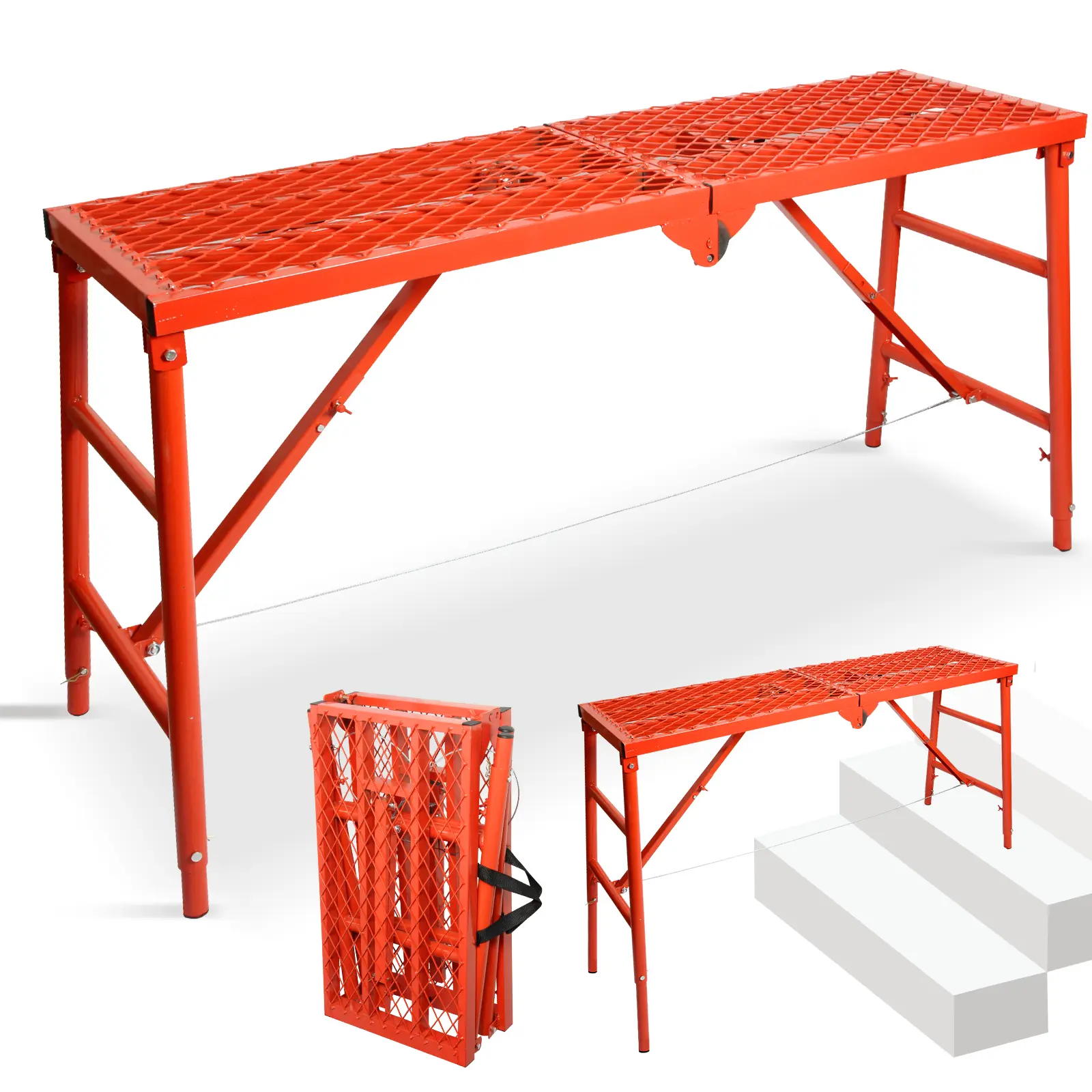 LEADALLWAY High Quality Folding Adjustable Scaffolding Platform - 58''L x15''W x30''H Wide Stair Portable Work Ladder, 770 LBS Capacity, Red, Construction/Maintenance Use, Corrosion-Resistant Durable Structure
