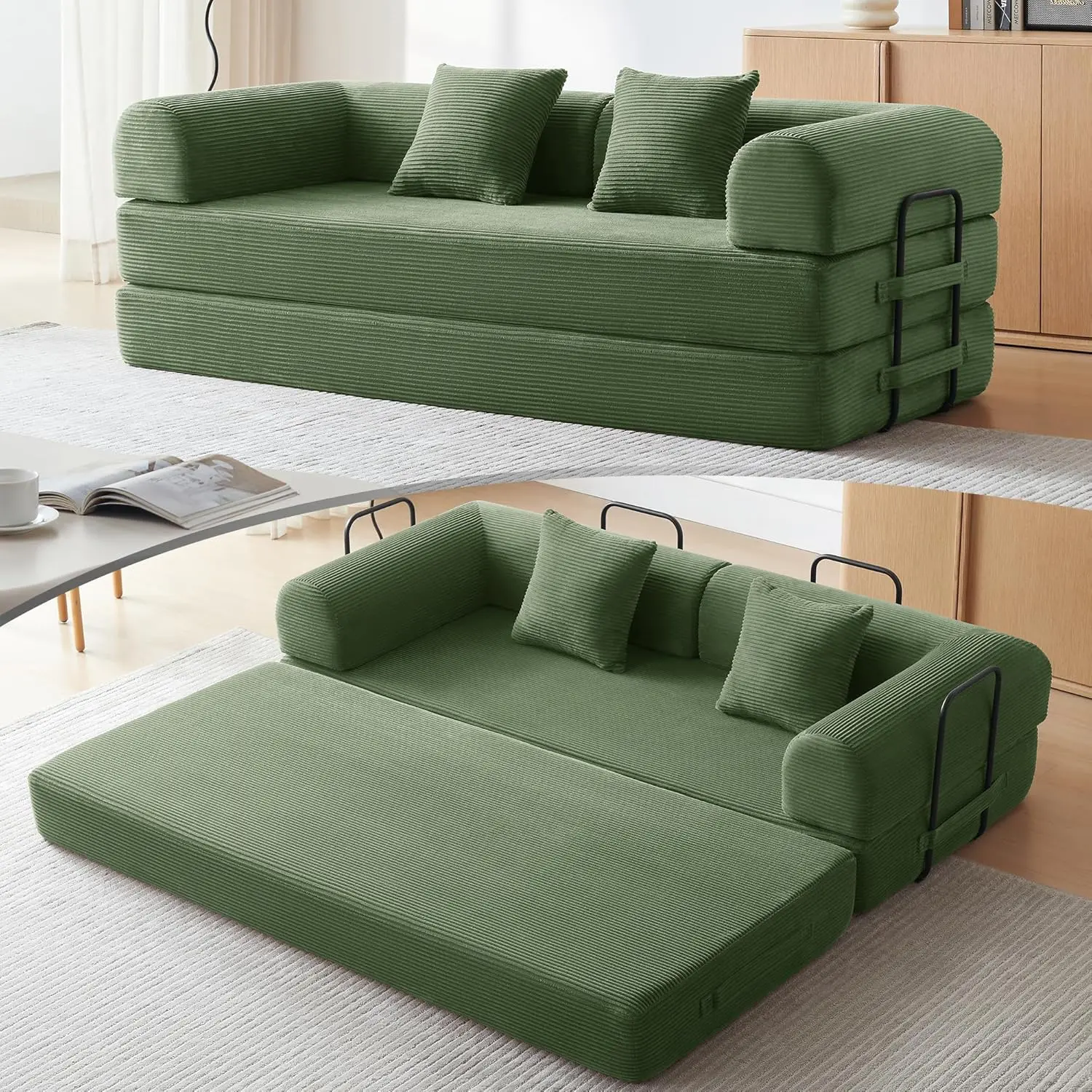 Green 5-in-1 Modular Chenille King Size Convertible Shape Floor Sofa Bed - Pre-Assembled Fixed-Shape Frame, Foam Folding Mattress Comfy Couch for Living Room, Bedroom, DIY Combination