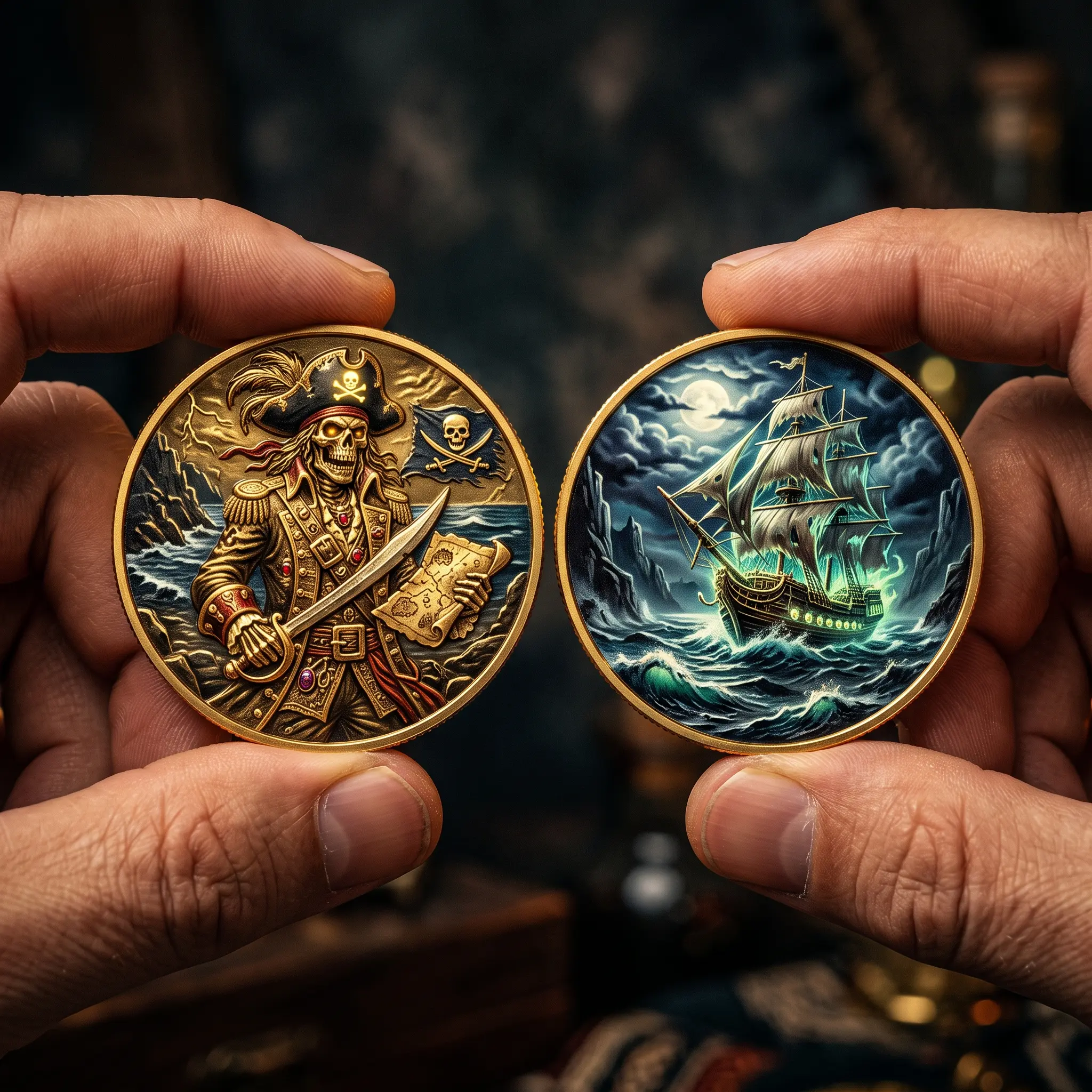 Skeleton Pirate Metal Coin Ornament - Ghost Ship Token, Nautical Fantasy Fengshui Home Decoration, Unique Collectible Gift for Adventure Enthusiasts, Ornaments