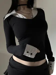 Women's Polka Dot Colorblock Slim-Fit Long Sleeve Top, Spring & Fall Casual Wear, Basic Commuter Style, Moderate Fabric Thickness