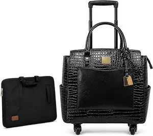 Women's Rolling Briefcase with Wheels, Laptop Compartment - Black Business Luggage Tote Bag