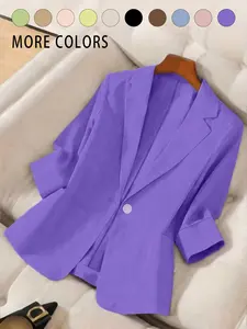 A women's pure color linen thin lightweight temperament high-end sense Elegant Chic of seven-eighths sleeve suit jacket, Blazer, Notched Lapel Blazer, suitable for spring and summer, suitable for daily wear.