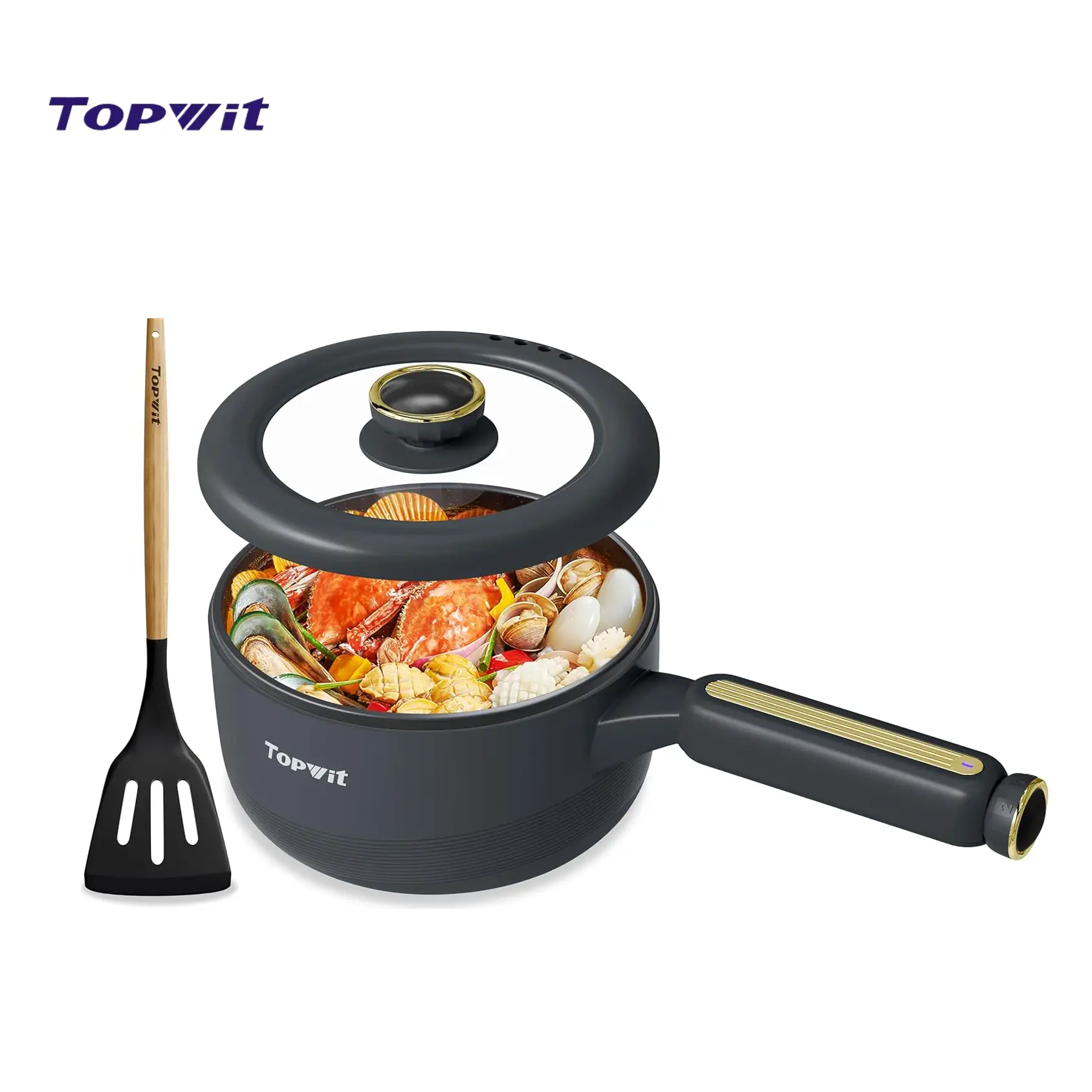 Topwit Hot Pot Electric with Steamer, 2L Non-Stick Electric Pot, Multifunction Cooker for Ramen, Soup & Oatmeal, Portable Hot Pot with Power Control f