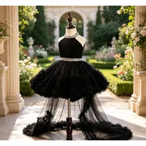 Girls Wedding Flower Girl Dress Neckline Sequins Waist Bud Hem Train Formal Gown Elegant Crossborder