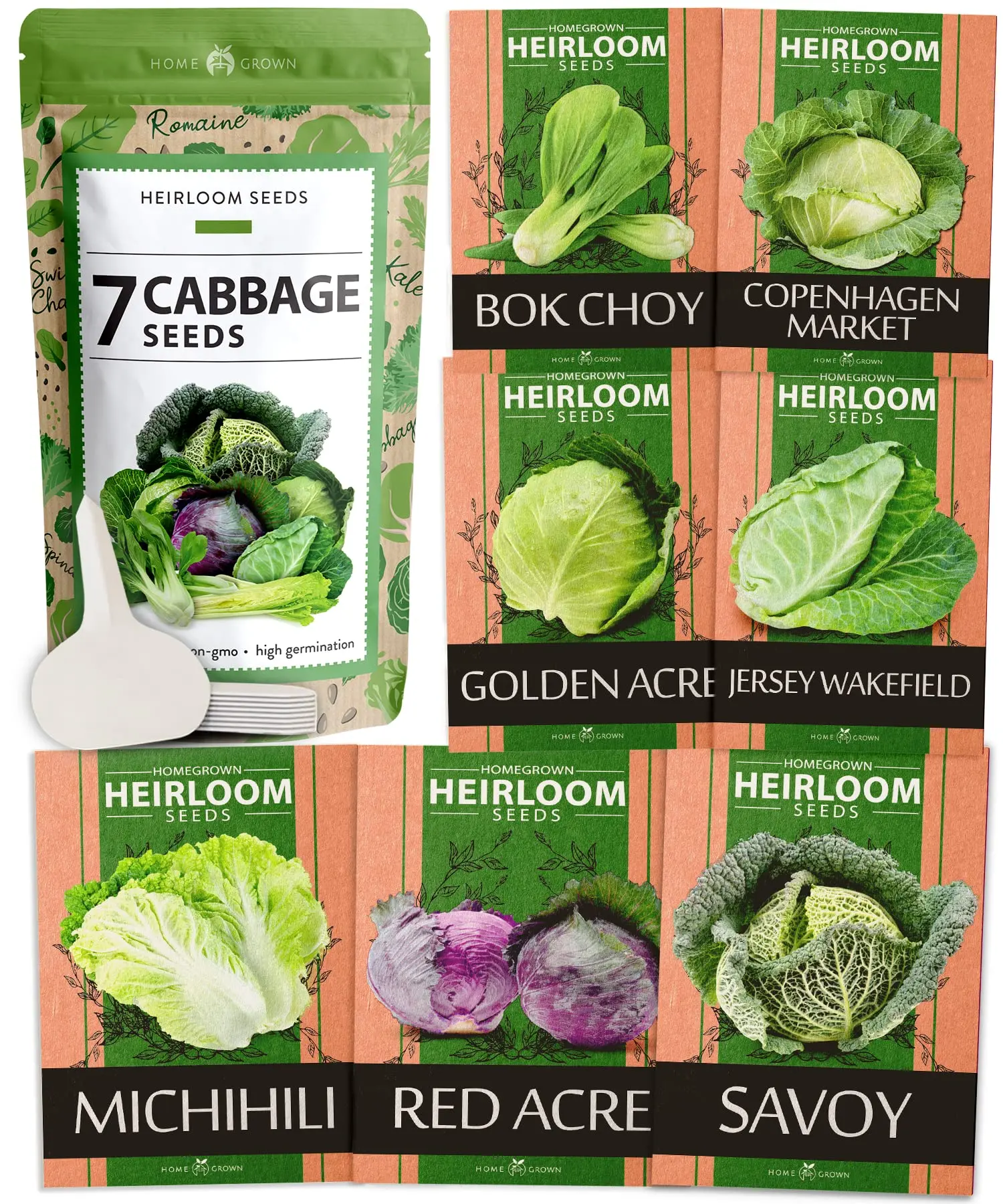 7 Cabbage Seeds for Planting - 2000+ Heirloom & Non-GMO - Golden Acre, Bok Choy, Savoy, Michihili, Red Acre, Copenhagen Market, Jersey Wakefield