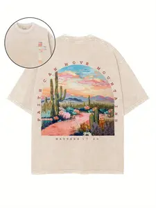 Casual Graphic Tee Featuring a Desert Scene with a Cactus And The Phrase 'Faith Can Move Mountains': Made from 230G, This Short-Sleeve Top Is Machine Washable And Suitable for Everyone. Perfect As a Christmas G