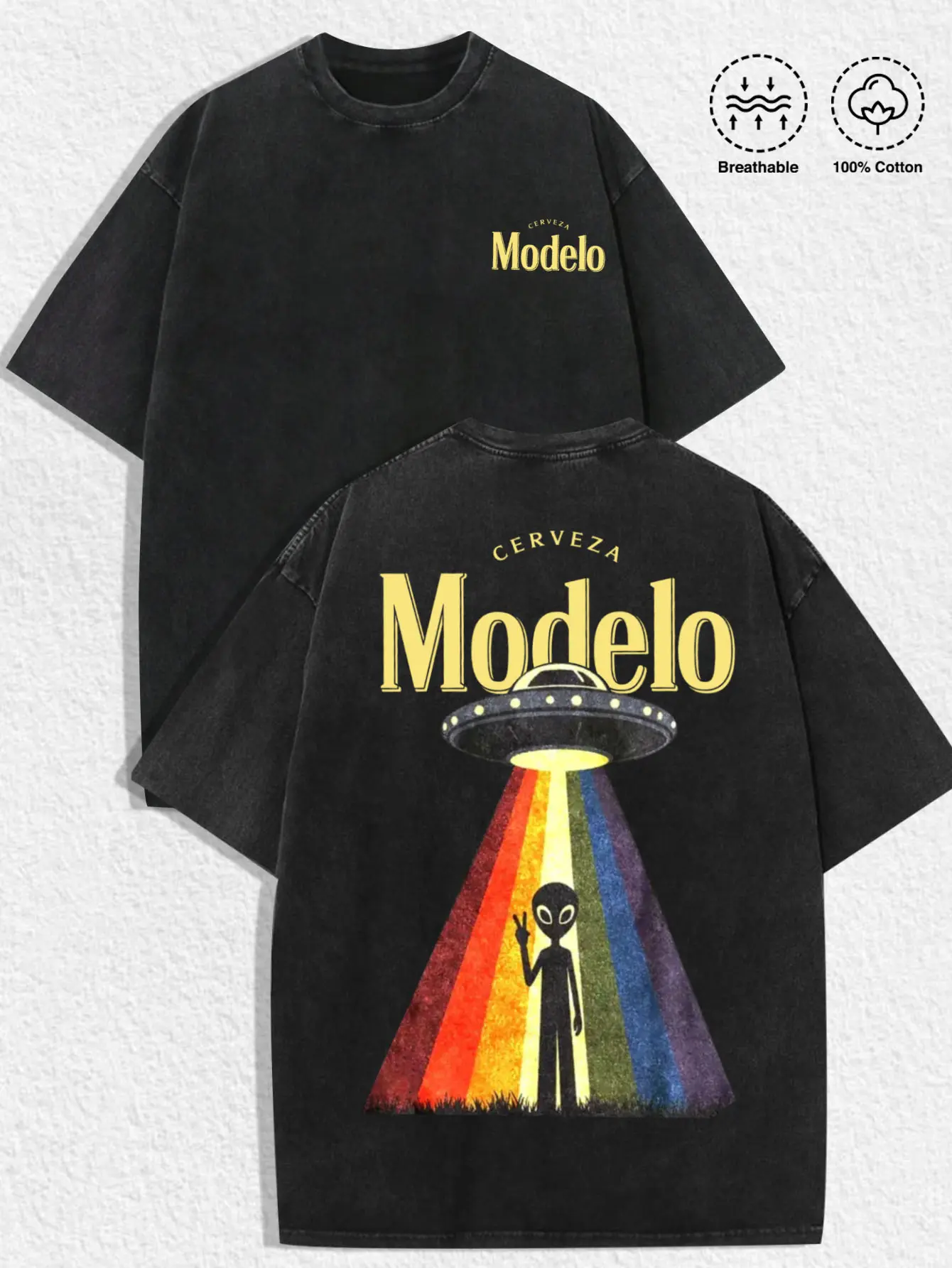 1 PCS Retro Washed Black Short Sleeve T-Shirt, Front Mini "Cerveza" Print + Back Rainbow UFO Alien Graphic, Sci-Fi Streetwear Style, 100% Cotton Unisex Oversized Tee, Casual Hangouts, Great Gift for Sci-Fi & Beer Fans