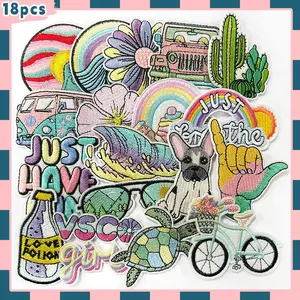 18Pcs Summer Beach Iron On Embroidered Patches Assorted Cute Cartoon Applique Sew On DIY Fashion Accessories for Clothes Jeans Hats Backpack Socks Bag