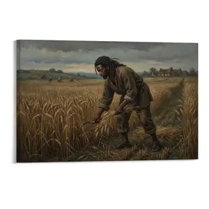 Black Jesus Harvesting Wheat Field Realistic Oil Painting Canvas Wall Art - Premium Canvas, Warm Tones, Detailed Rural Scene, Vintage Style for Home Decor, Harvest Season Accent