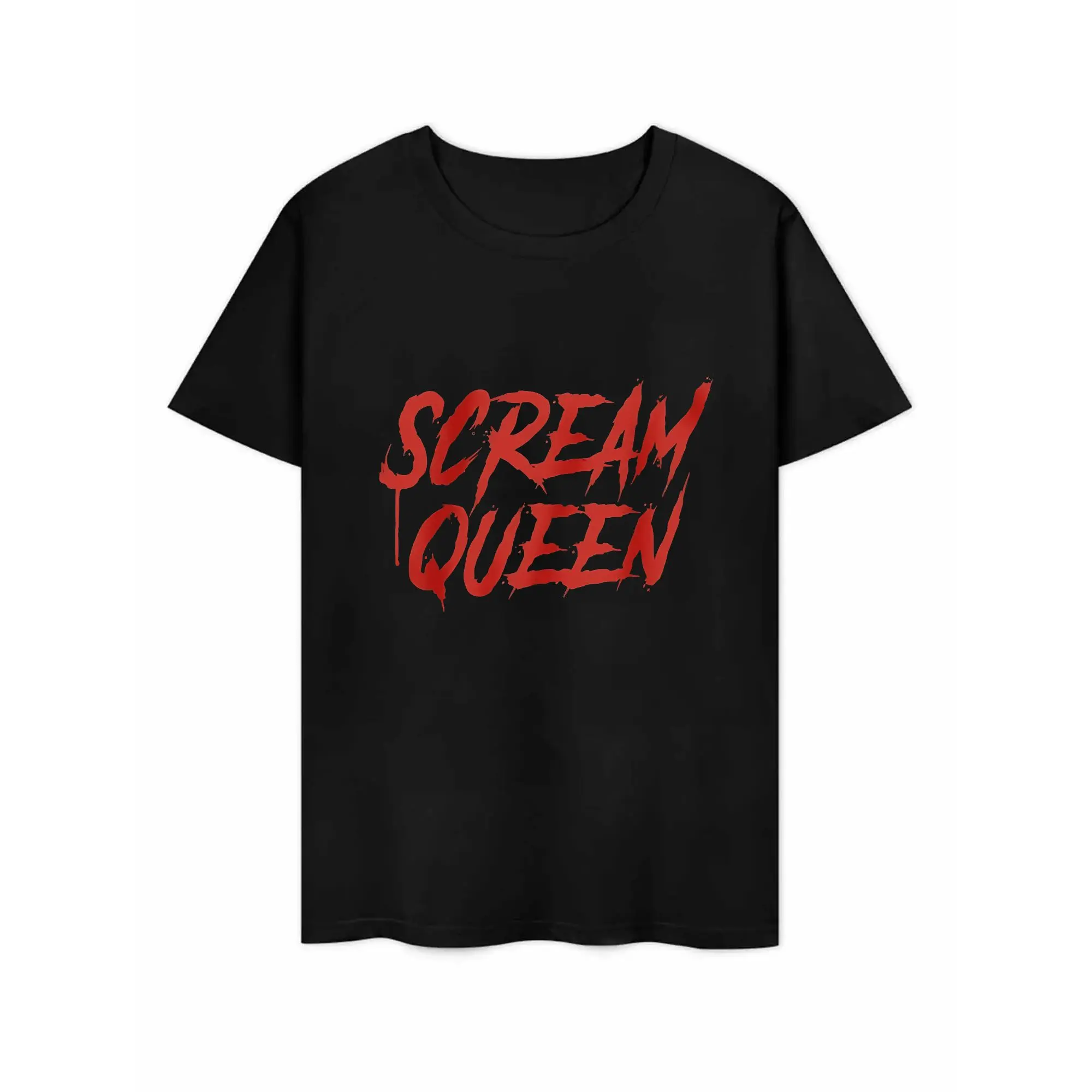 Scream Queen Graphic T-Shirt, Halloween Horror Red Letter Print Tee, Spooky Gothic Short Sleeve Shirt, Funny Scary Season Top for Halloween Party, Casual Streetwear & Everyday Wear