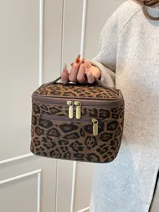 Women's Vintage Leopard Print Canvas Makeup Bag, Large Capacity Fashion Portable Mesh Lining, Essential Home Travel Storage Pouch, Makeup Organizer Pouch, Travel Cosmetic Bag