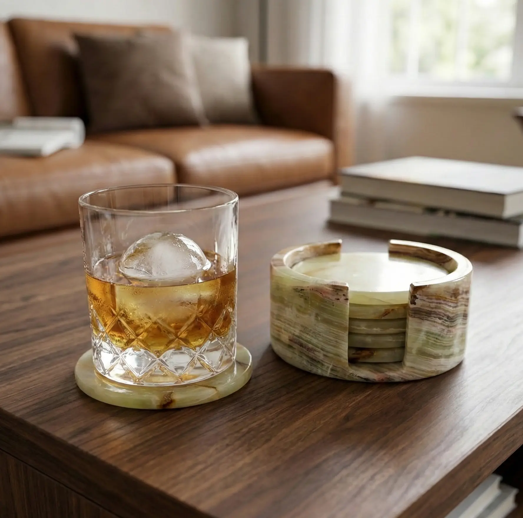 Green Onyx Coasters Set of 6 with Holder | Heavy Natural Stone Drink Coasters | Luxury Marble Alternative Gift for Home
