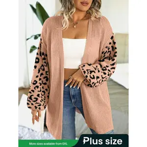 Plus Size Leopard Print Drop Shoulder Split Hem Cardigan, Casual Long Sleeve Open Front Knitwear for Spring & Fall, Gift Set for Women, Women’s Knitwear, Women’s Cardigan, Women’s Plus Size Clothing for Everyday Wear for Christmas