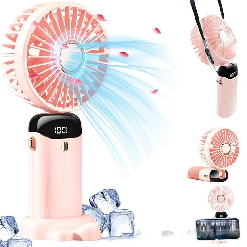 Portable Handheld Fan with 5 Wind Speeds, Personal Mini Fan with LED Power Display, USB Rechargeable Small Fan with Lanyard for Office Bedroom Outdoor