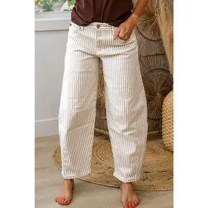 Khaki Stripe Casual Barrel Jeans