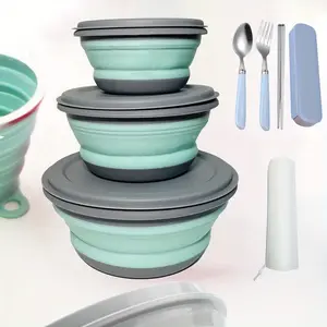 Collapsible Bowls Set with Free Folding Tableware 3pcs Food Grade Silicone Camping Bowls Salad Bowl with Lids Portable Expandable Lunch Box Food Storage Container for Camping Travel Picnic Outdoor