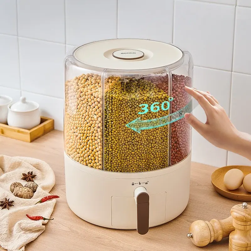 Rotatable Grain Storage Box, 360 Degree Rotating Compartments, Anti-Bug Moisture-Proof Sealed Home Rice Container