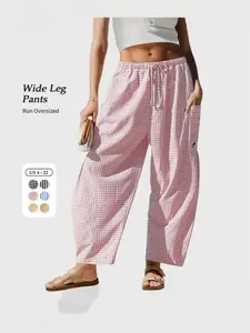 Womens  Wide Leg Gingham Striped Plaid Pants Casual Barrel Loose Drawstring Low Waist Palazzo Harem Pants with Pockets