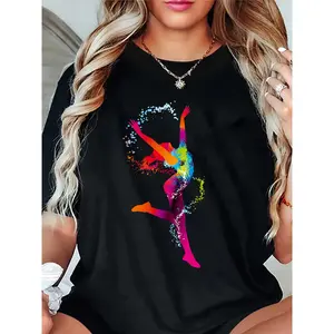Women'S Dance Graphic T-Shirt - Vibrant Colorful Print, Casual & Sporty Style, Crew Neck, Medium Stretch, All-Season Wear, Casual Sportswear | Playful Print Shirt | Medium Stretch Fabric