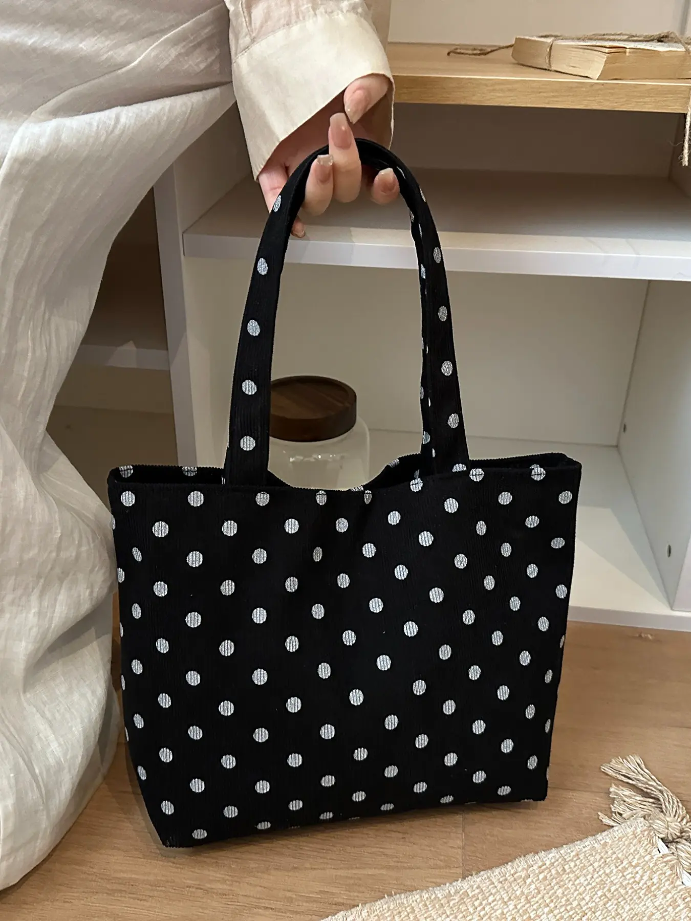Korean Style Cute Polka Dot Canvas Commuter Tote Bag, Large Capacity Shoulder Bag for College Students, Casual Daily Use, Daily Commuting Bag, Versatile Bag
