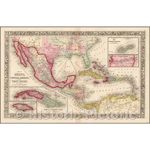 Mexico and Caribbean with Shipping Routes, 1852 - Historical Map Print