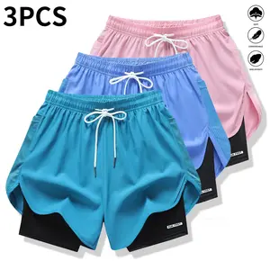 One pack contains 3 women’s casual athletic shorts with a faux two-piece design, solid color, lined, featuring an elastic waistband with a drawstring; suitable for outdoor fitness, running, sports, and everyday wear.