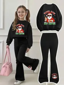 Girls' Christmas Set, Santa Claus Hoodie & Bell Bottoms, Cartoon Pattern, Fitted Style, All Seasons, Casual Fashion, Fashion Clothes Set