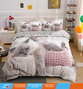 Funny Cute Pet Cat Bedding 3D Print Duvet Cover Set Animal Print Kids' Duvet Cover Sets Bedding Comforter Cover Bedspread Cover with 2 Pillow Shams(Twin 68" X 86")